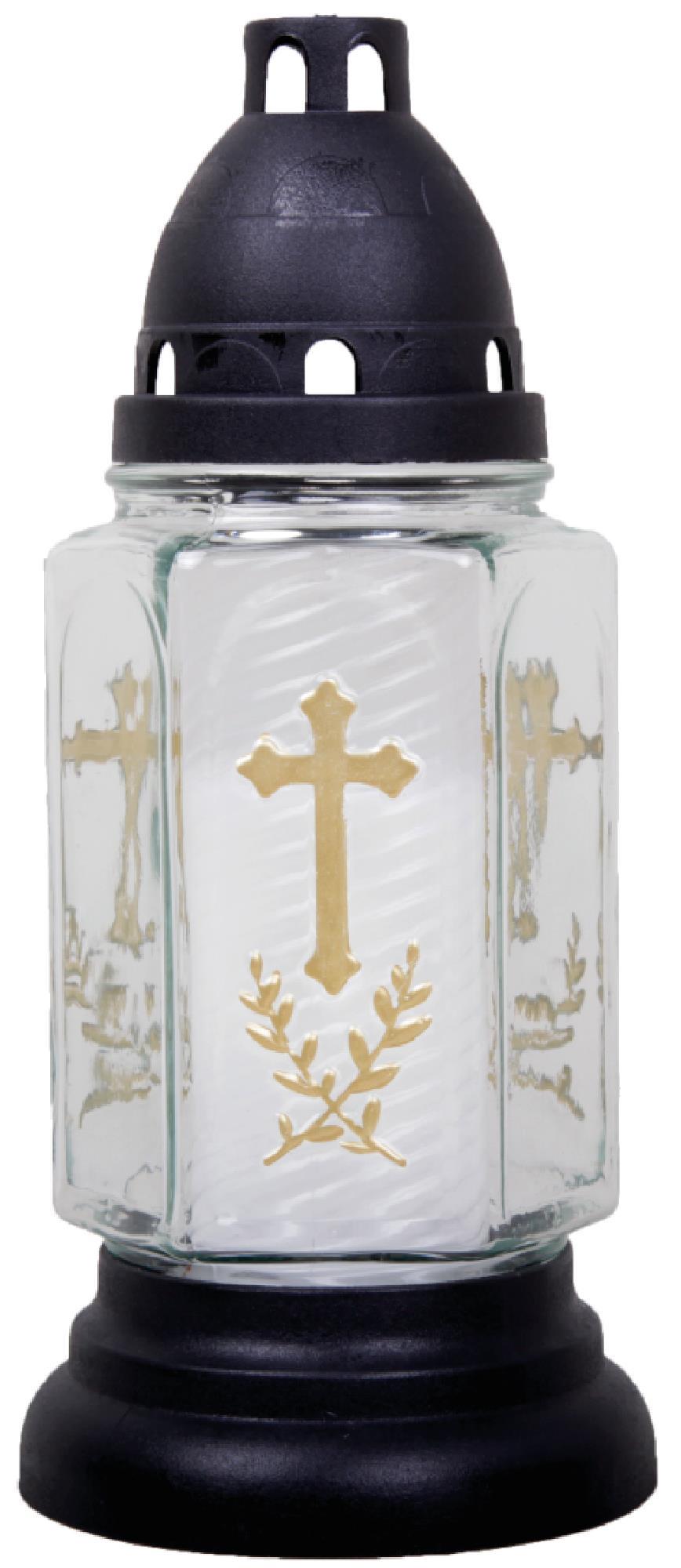 Grablaterne aus Glas mit Kreuz inkl. Kerze