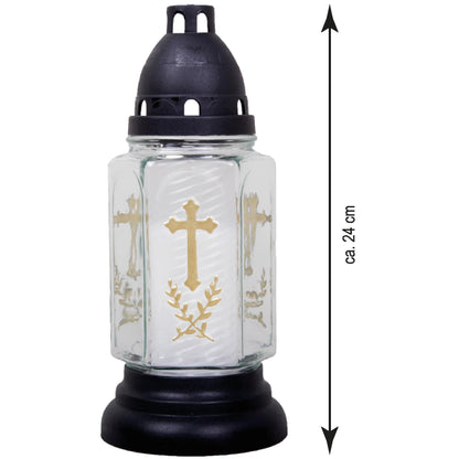 Grablaterne aus Glas mit Kreuz inkl. Kerze